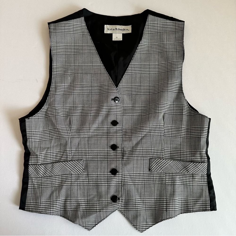 Vintage Norton McNaughton Black & White Glen Plaid Vest Size 8‎ Made USA Y2K 90s